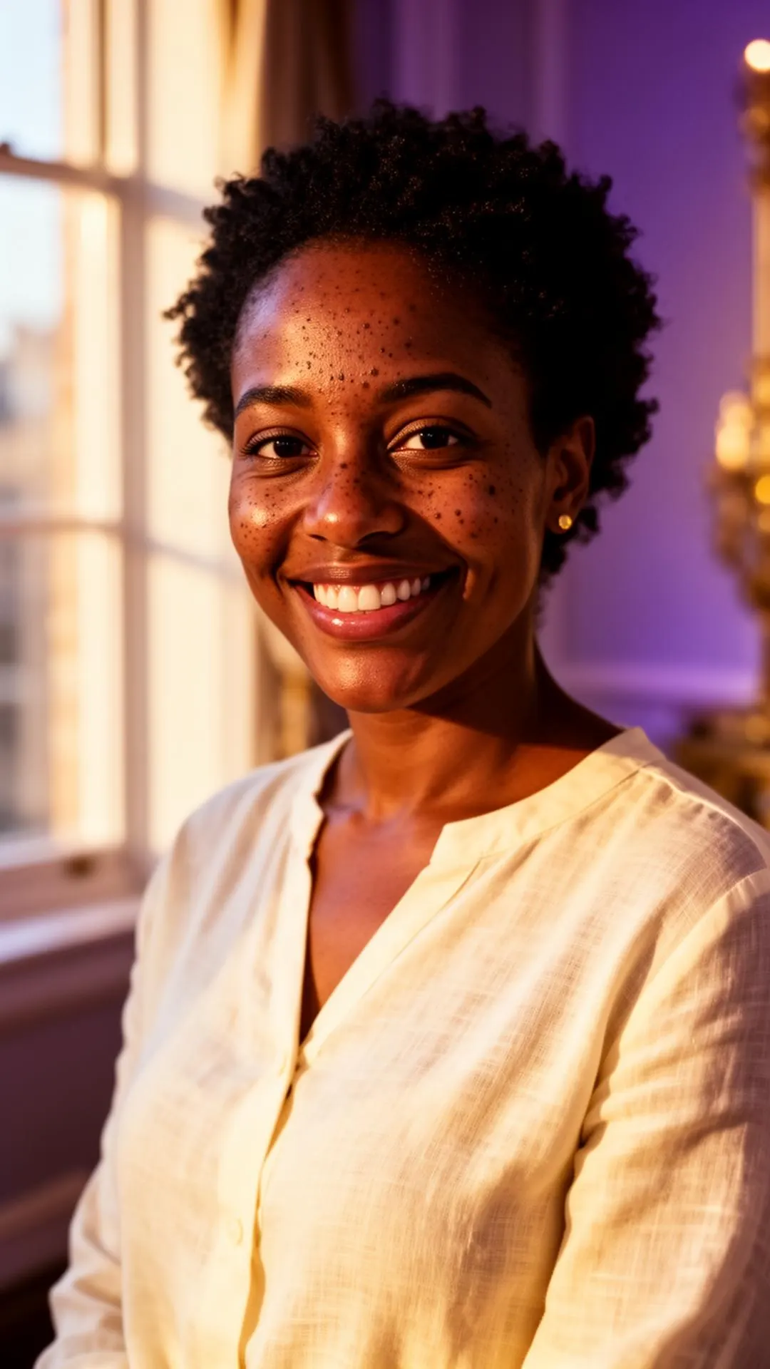 A confident, warm female carer in soft cream attire smiling in a sunlit elegant interior