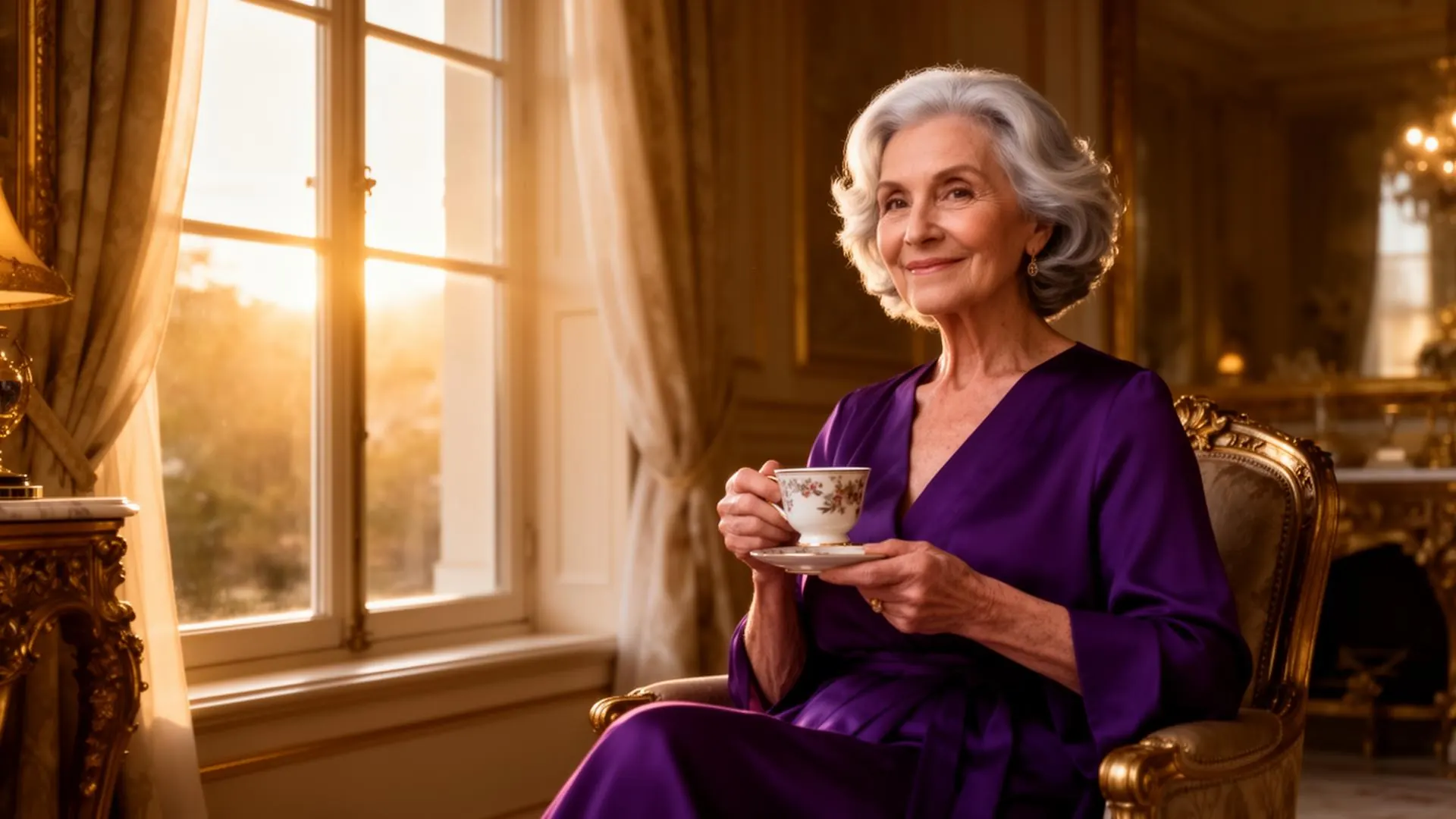 An elderly woman with silver hair sits gracefully by a sunlit window holding a porcelain teacup, bathed in warm golden hour light