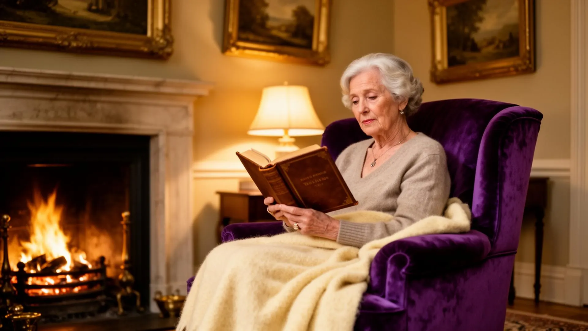 An elderly woman reads a leather-bound book in a purple velvet armchair beside a glowing fireplace