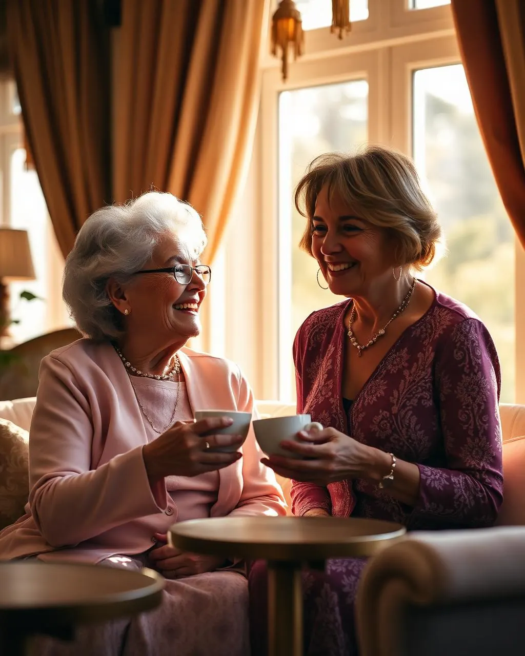 Elderly woman and her companion sharing tea and laughter in a sunlit sitting room