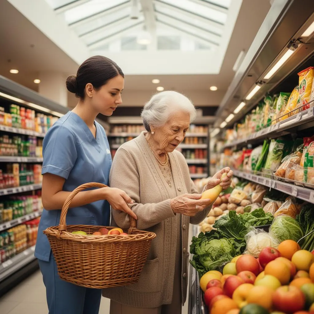 A warm female carer helps an elegant elderly lady choose fresh produce while holding a wicker basket in a bright supermarket