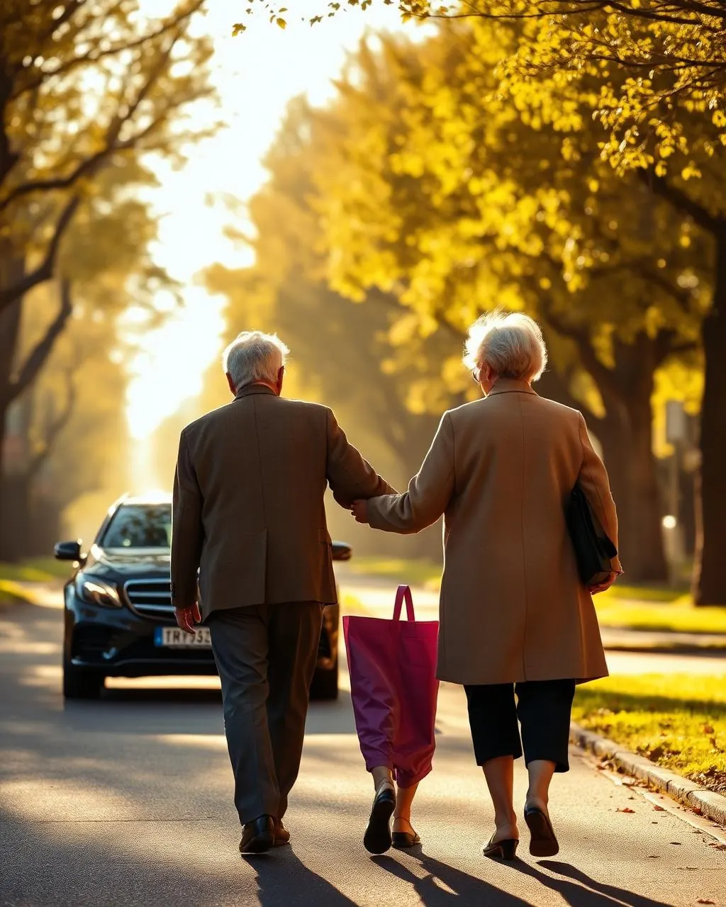 Companion walking arm-in-arm with an elderly lady toward a car along a tree-lined street